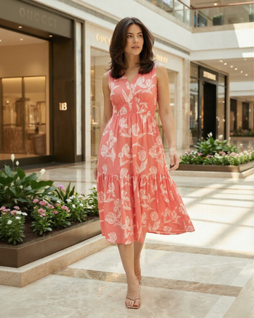 Coral Floral Printed Sleeveless Cotton Midi Dress
