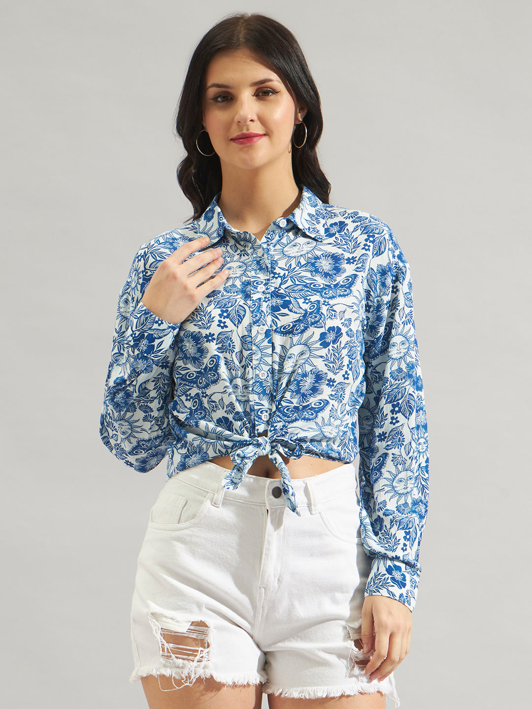Women Blue & White Rayon Crepe Printed Tie-Up  Shirt with Long Sleeves