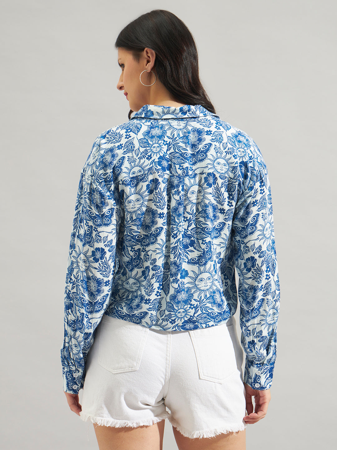 Women Blue & White Rayon Crepe Printed Tie-Up  Shirt with Long Sleeves
