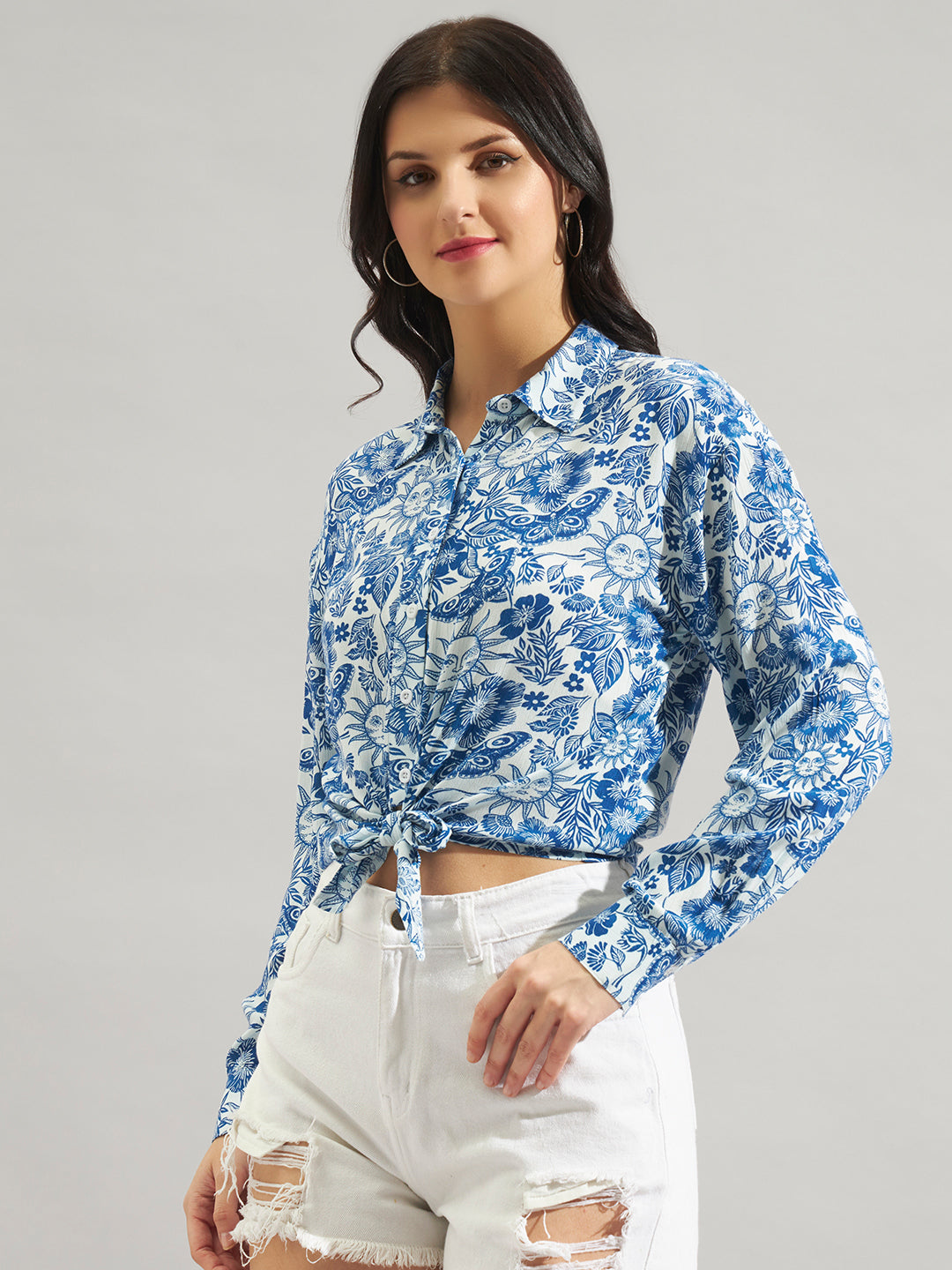 Women Blue & White Rayon Crepe Printed Tie-Up  Shirt with Long Sleeves