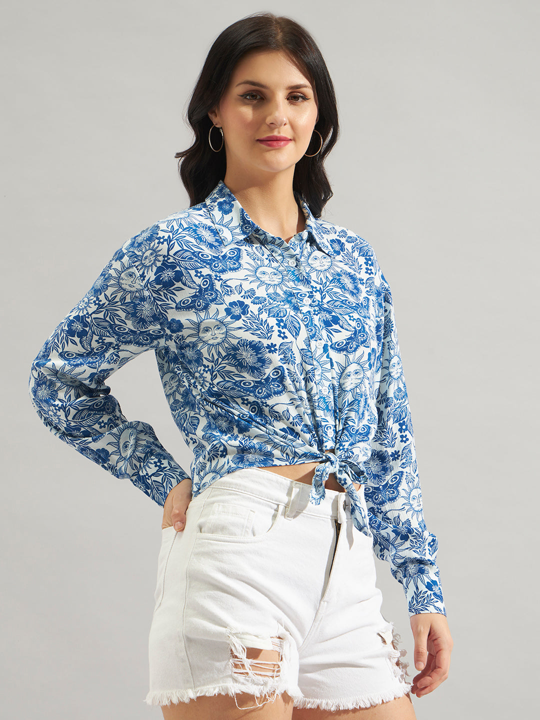 Women Blue & White Rayon Crepe Printed Tie-Up  Shirt with Long Sleeves