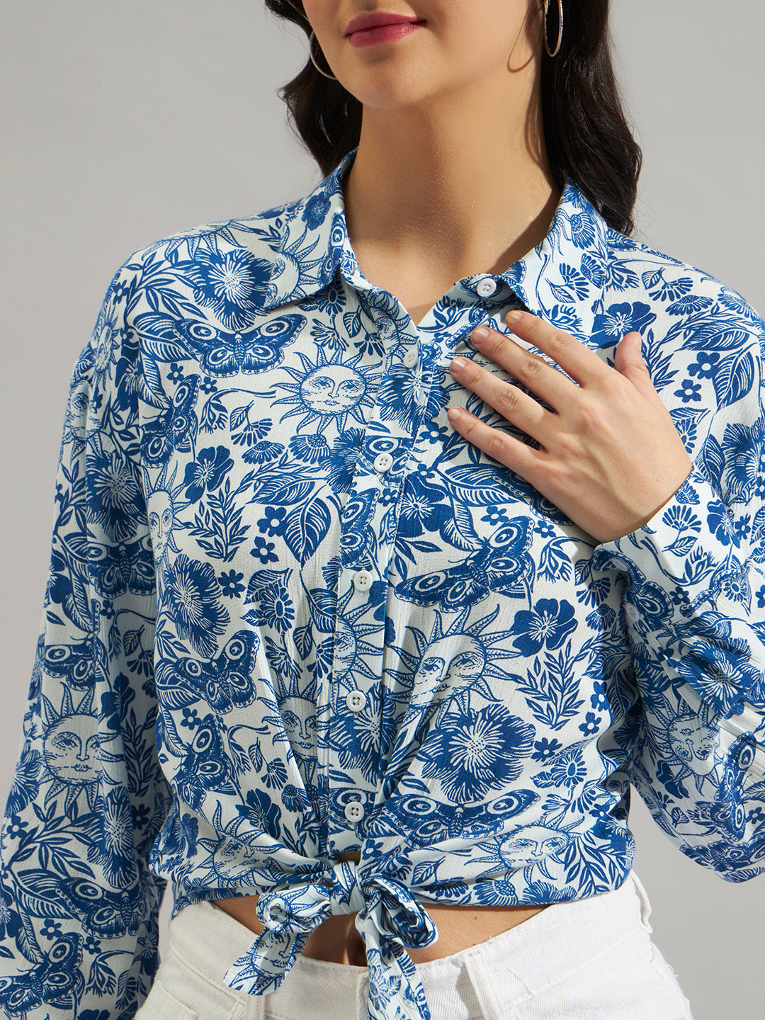 Women Blue & White Rayon Crepe Printed Tie-Up  Shirt with Long Sleeves