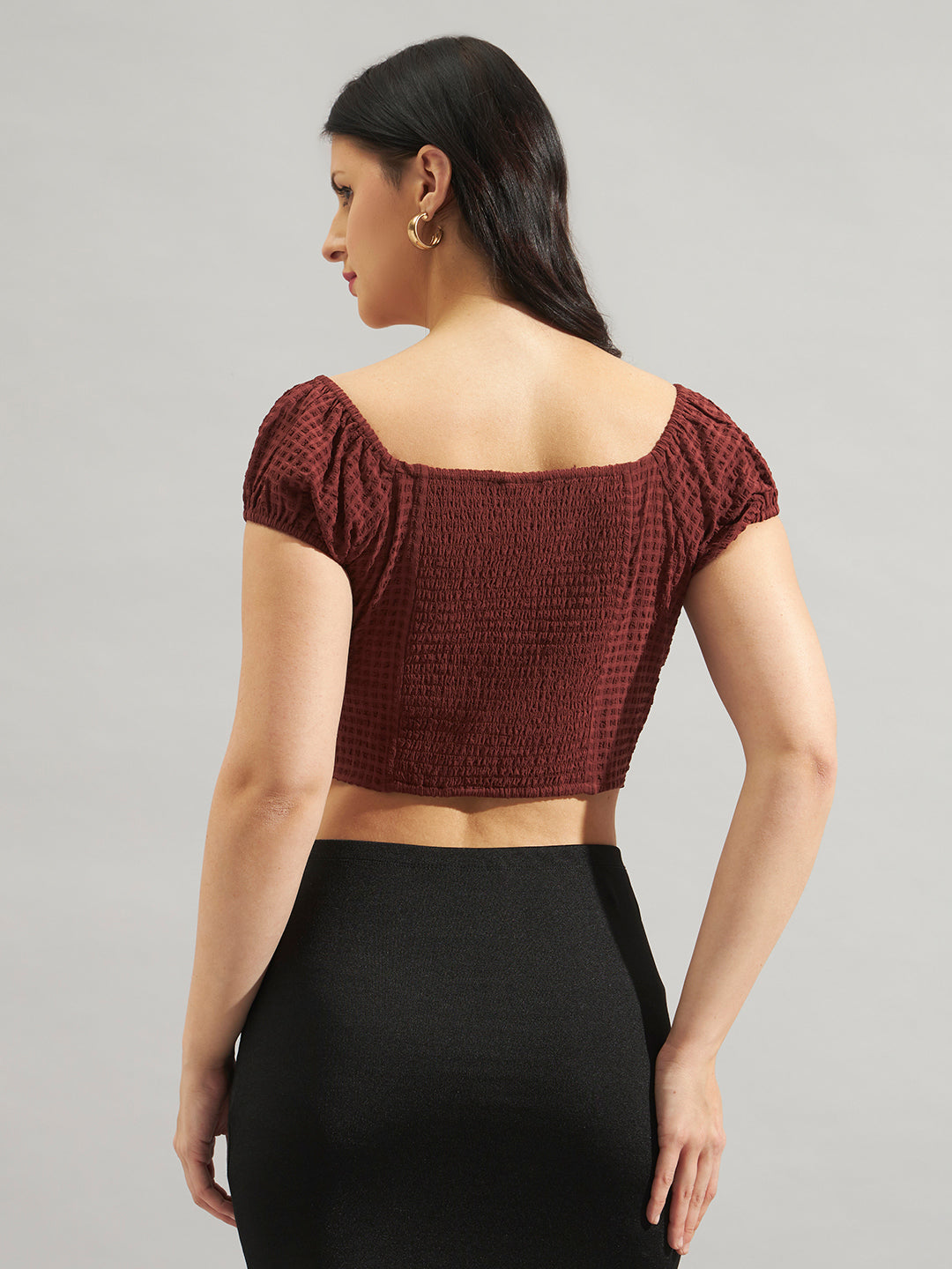 Brown Smocked Square-Neck Top in Poly Crepe
