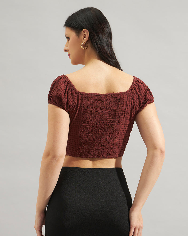 Brown Smocked Square-Neck Top in Poly Crepe