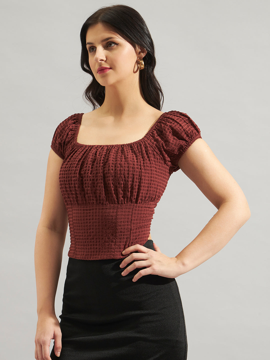Brown Green Smocked Square-Neck Top in Poly Crepe