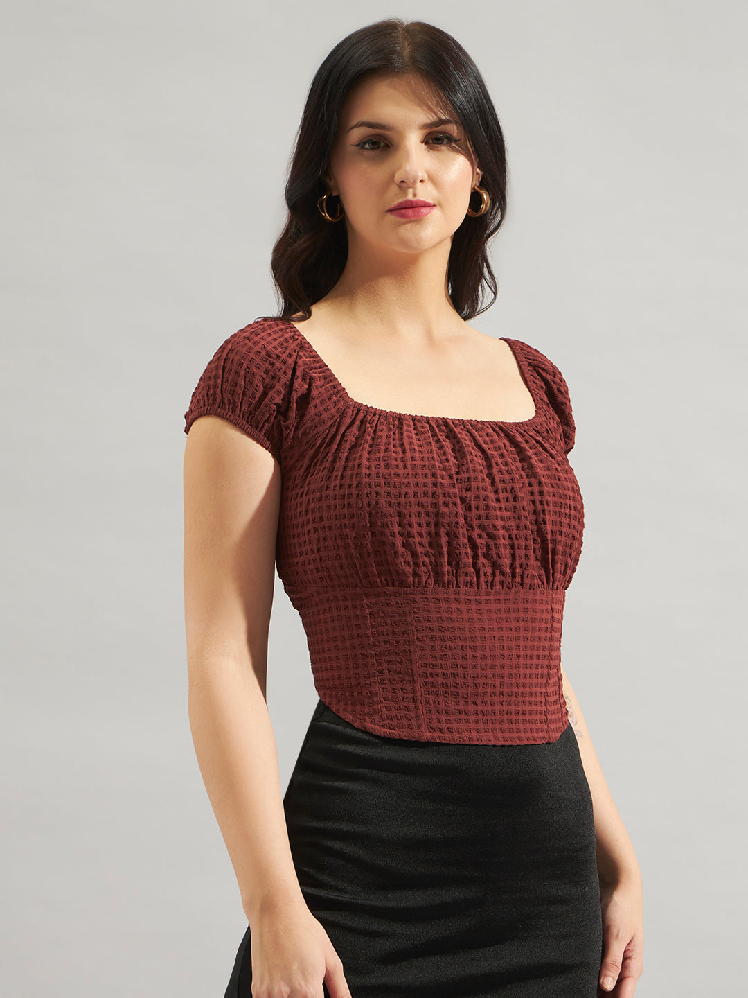 Brown Green Smocked Square-Neck Top in Poly Crepe