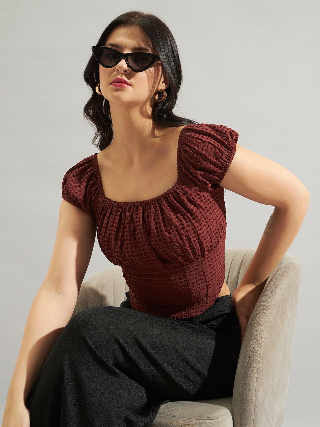 Brown Green Smocked Square-Neck Top in Poly Crepe