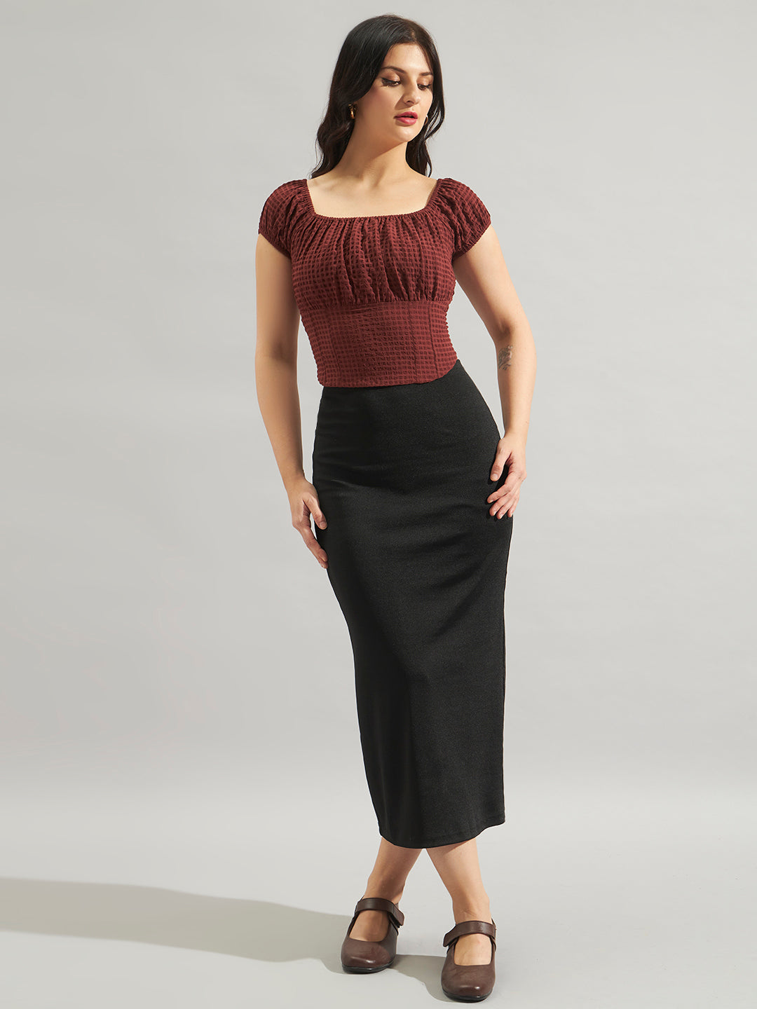 Brown Green Smocked Square-Neck Top in Poly Crepe
