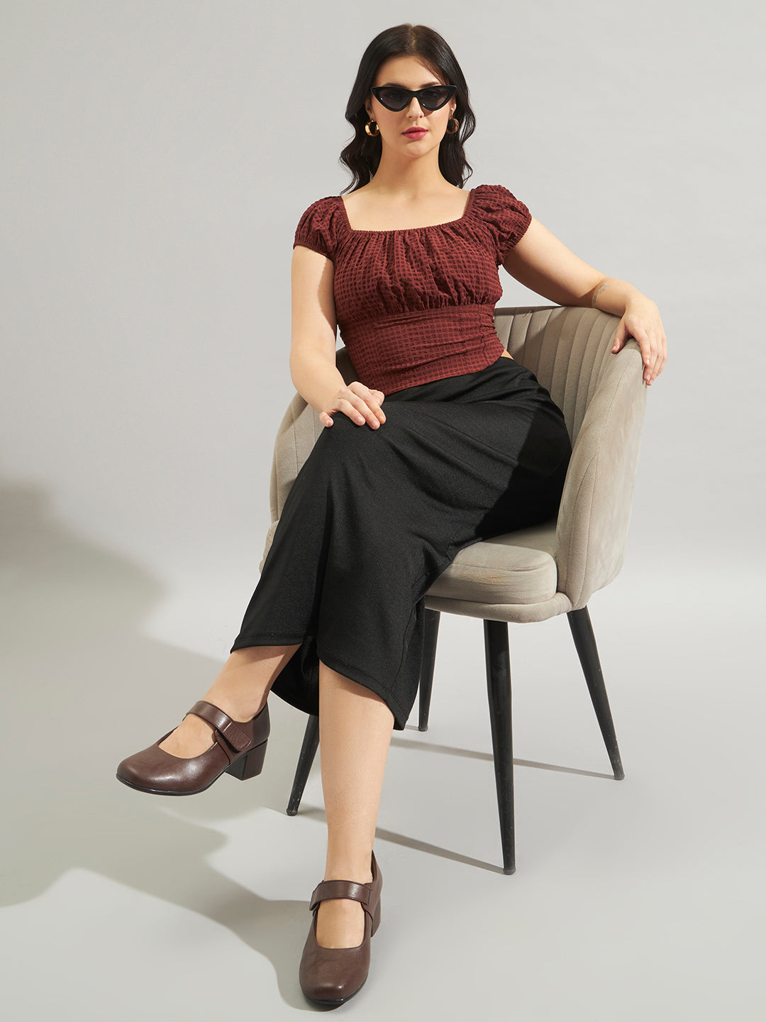 Brown Green Smocked Square-Neck Top in Poly Crepe