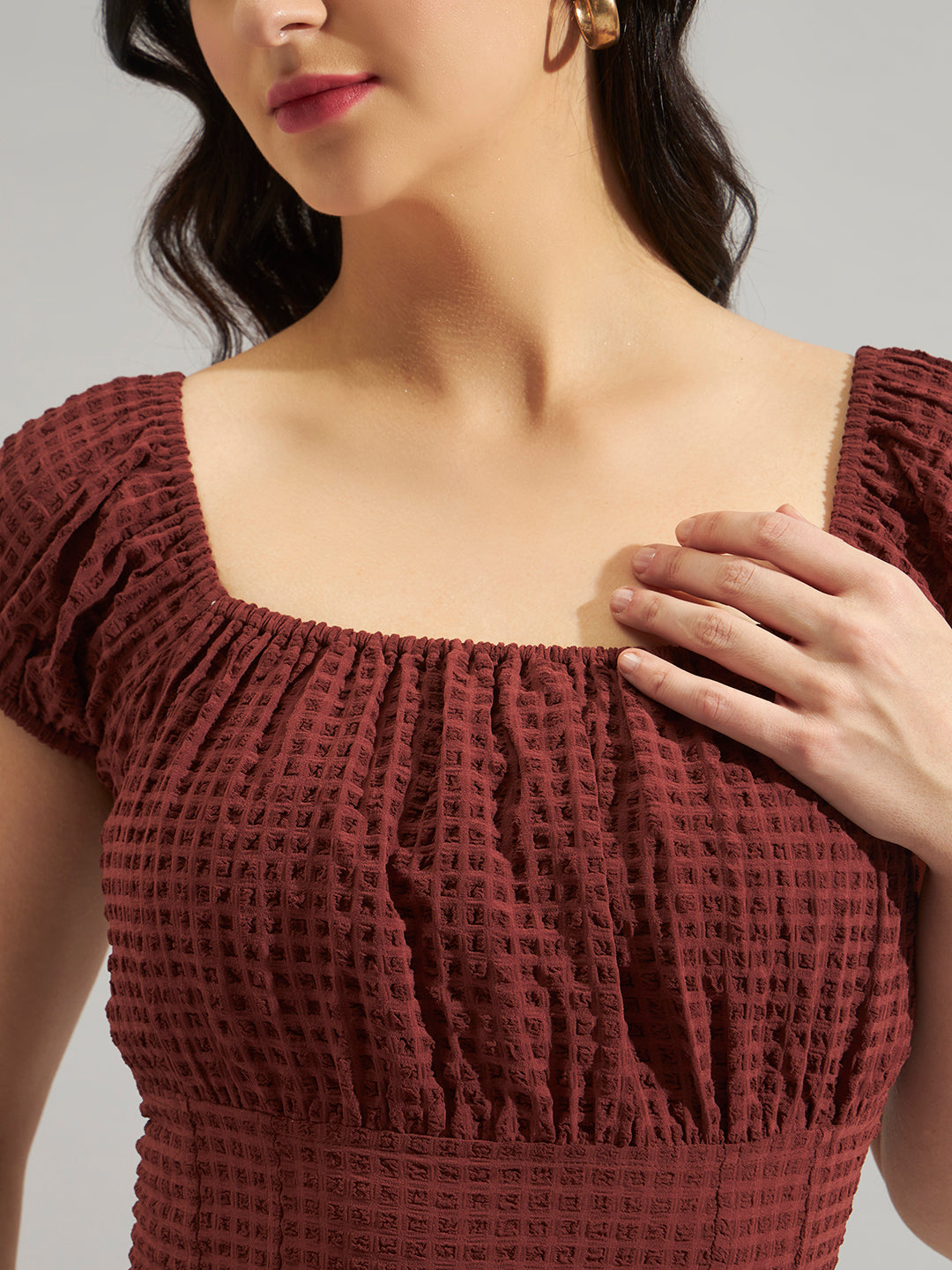 Brown Green Smocked Square-Neck Top in Poly Crepe