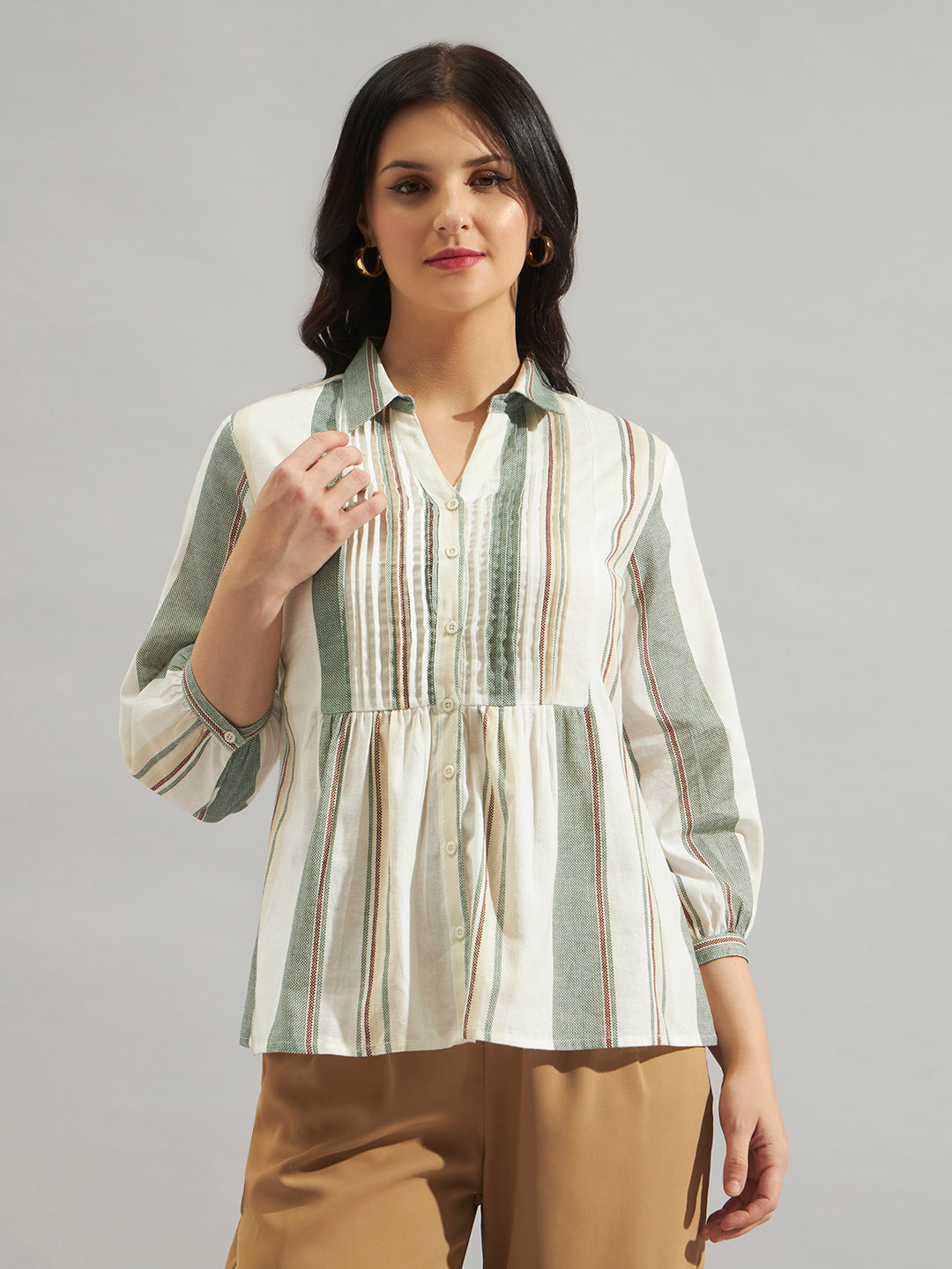 Women Cream & Green Striped Cotton Slub Peplum Shirt Top with Button Front