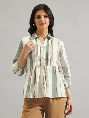 Women Cream & Green Striped Cotton Slub Peplum Shirt Top with Button Front