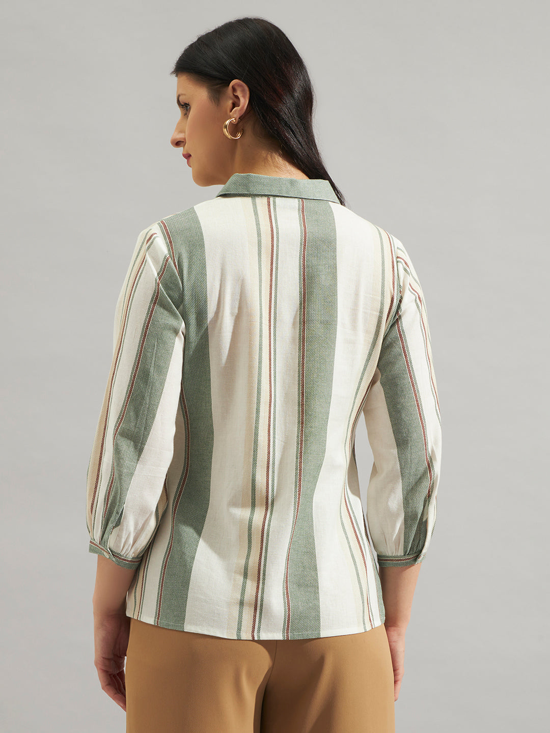 Women Cream & Green Striped Cotton Slub Peplum Shirt Top with Button Front