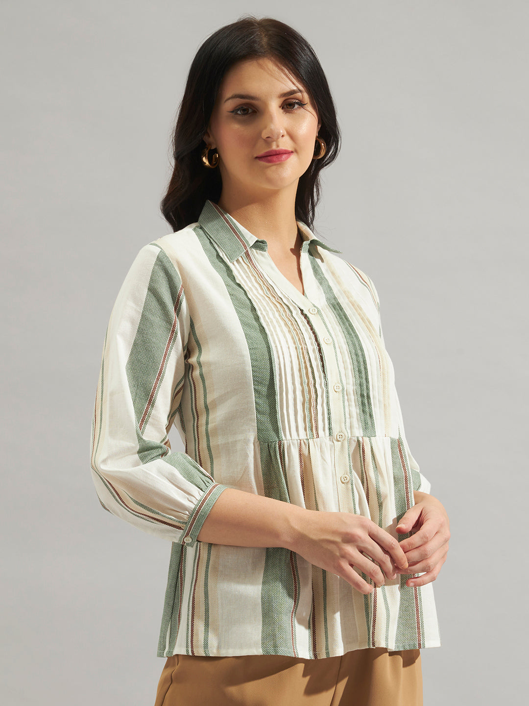 Women Cream & Green Striped Cotton Slub Peplum Shirt Top with Button Front