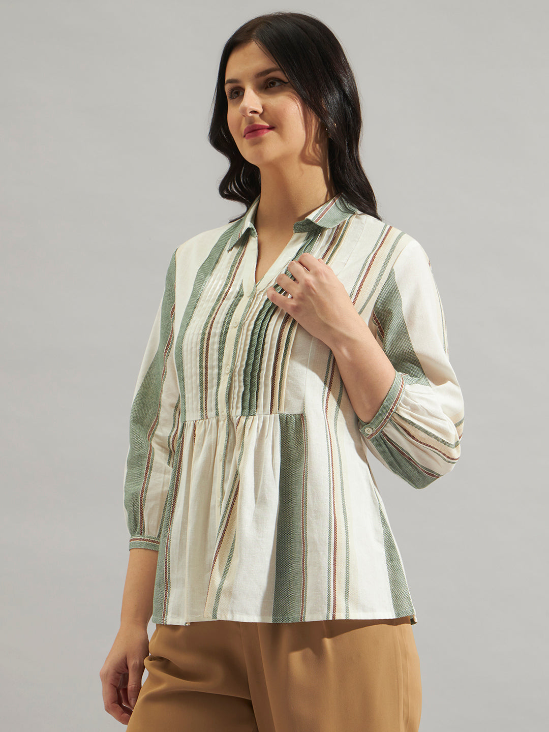 Women Cream & Green Striped Cotton Slub Peplum Shirt Top with Button Front