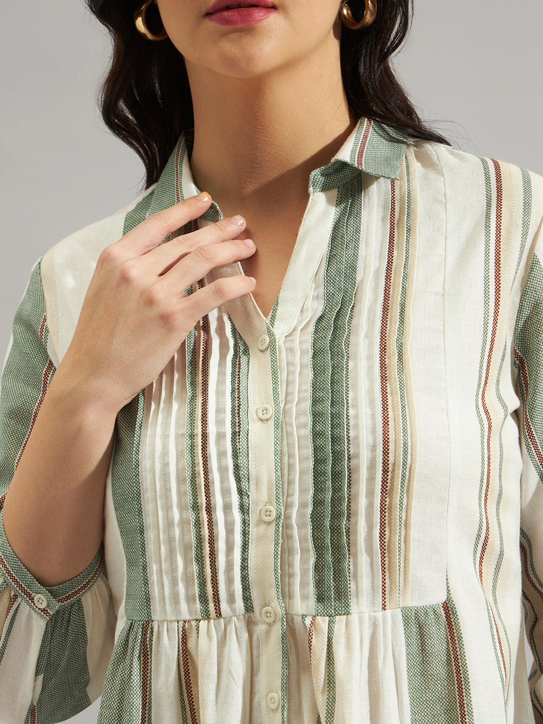 Women Cream & Green Striped Cotton Slub Peplum Shirt Top with Button Front
