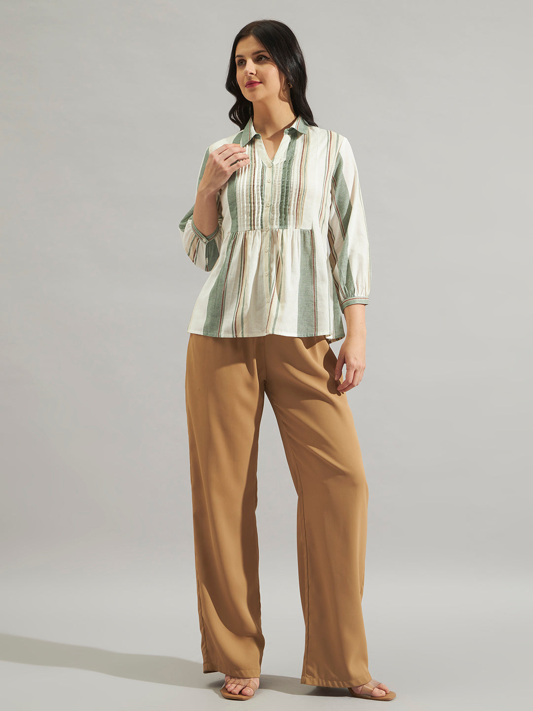 Women Cream & Green Striped Cotton Slub Peplum Shirt Top with Button Front