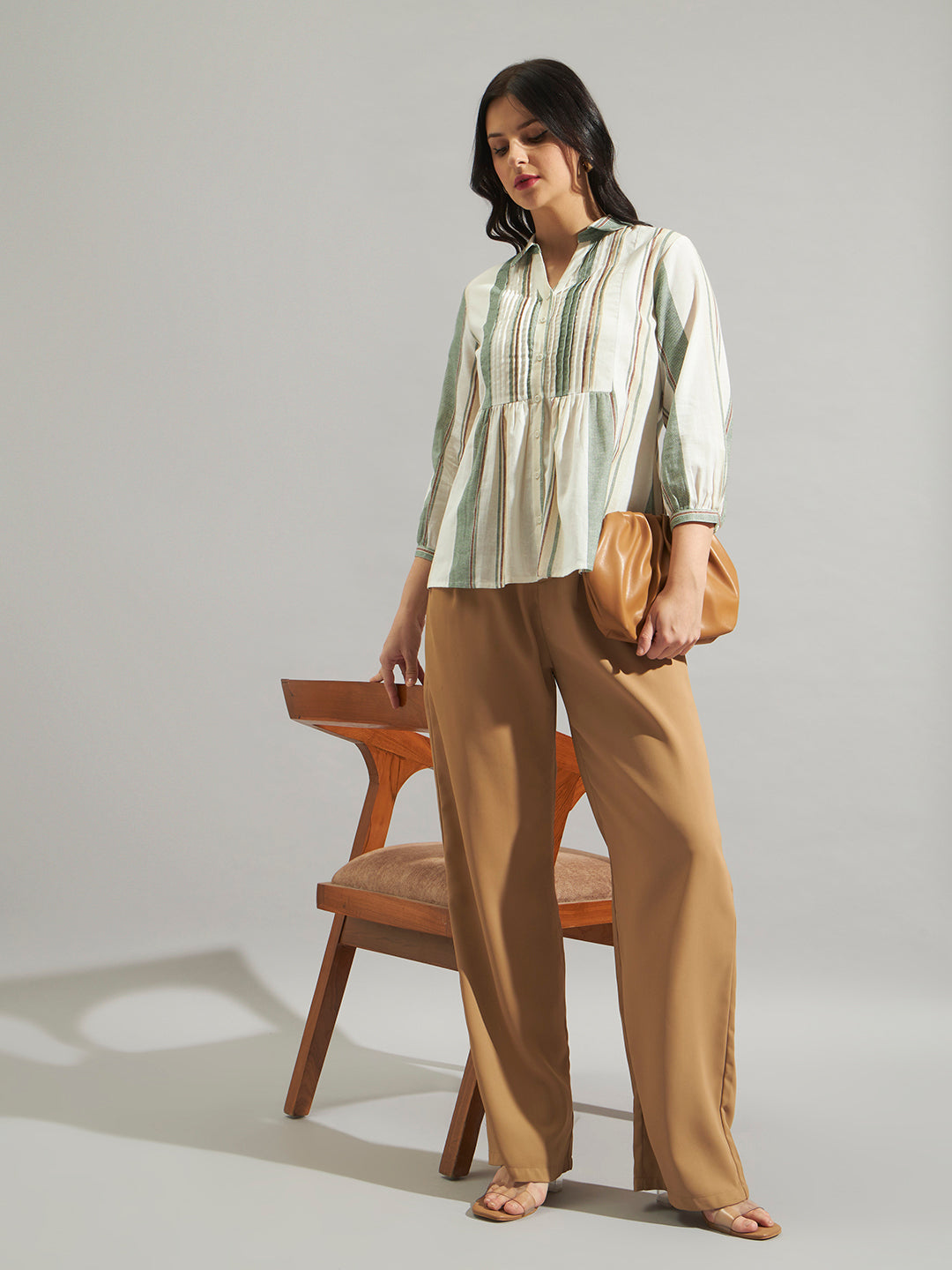 Women Cream & Green Striped Cotton Slub Peplum Shirt Top with Button Front