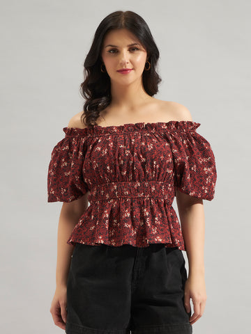Women Maroon Printed Off-Shoulder Smocked Peplum Top