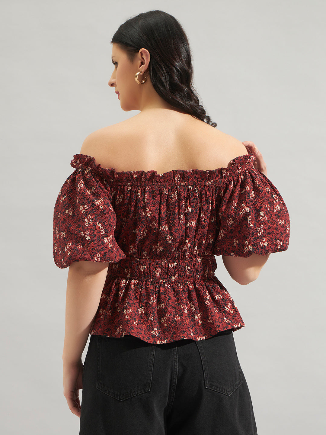 Women Maroon Printed Off-Shoulder Smocked Peplum Top