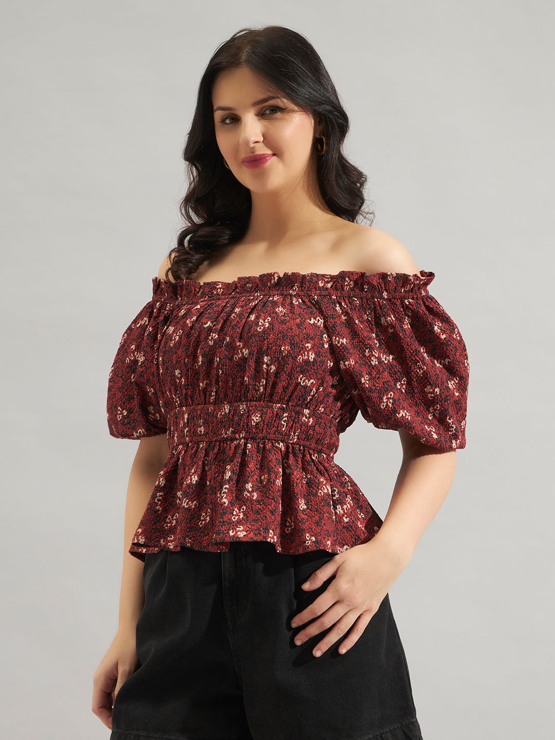 Women Maroon Printed Off-Shoulder Smocked Peplum Top