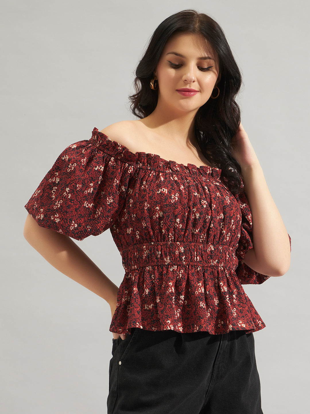 Women Maroon Printed Off-Shoulder Smocked Peplum Top