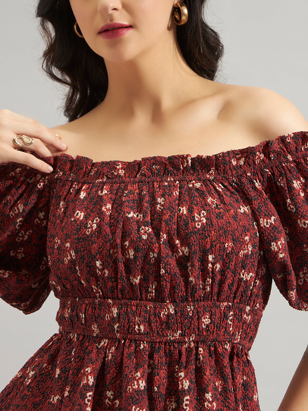 Women Maroon Printed Off-Shoulder Smocked Peplum Top