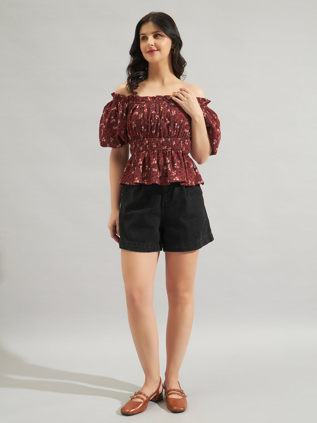 Women Maroon Printed Off-Shoulder Smocked Peplum Top