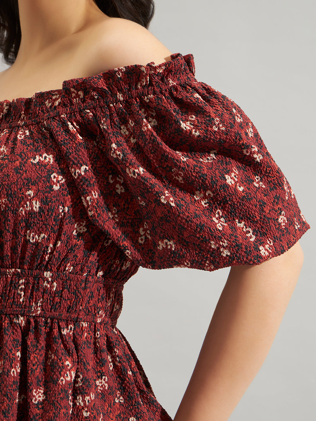 Women Maroon Printed Off-Shoulder Smocked Peplum Top