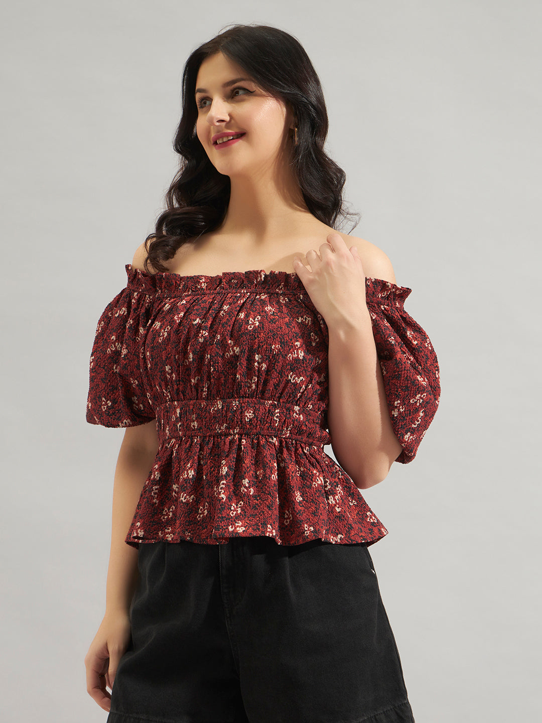 Women Maroon Printed Off-Shoulder Smocked Peplum Top