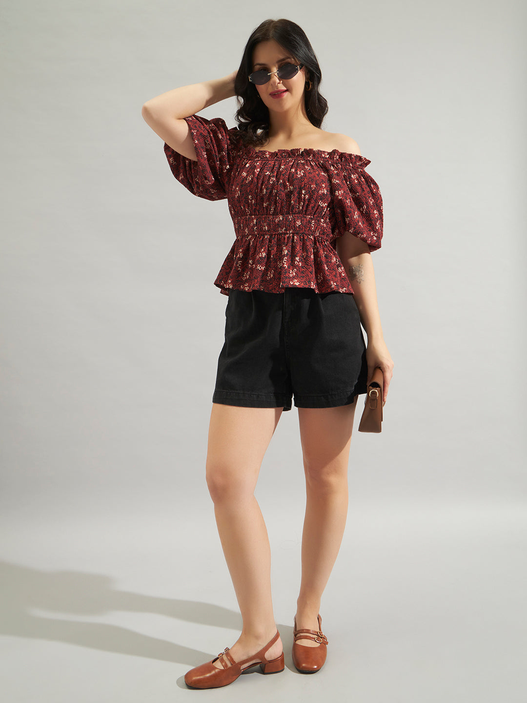 Women Maroon Printed Off-Shoulder Smocked Peplum Top