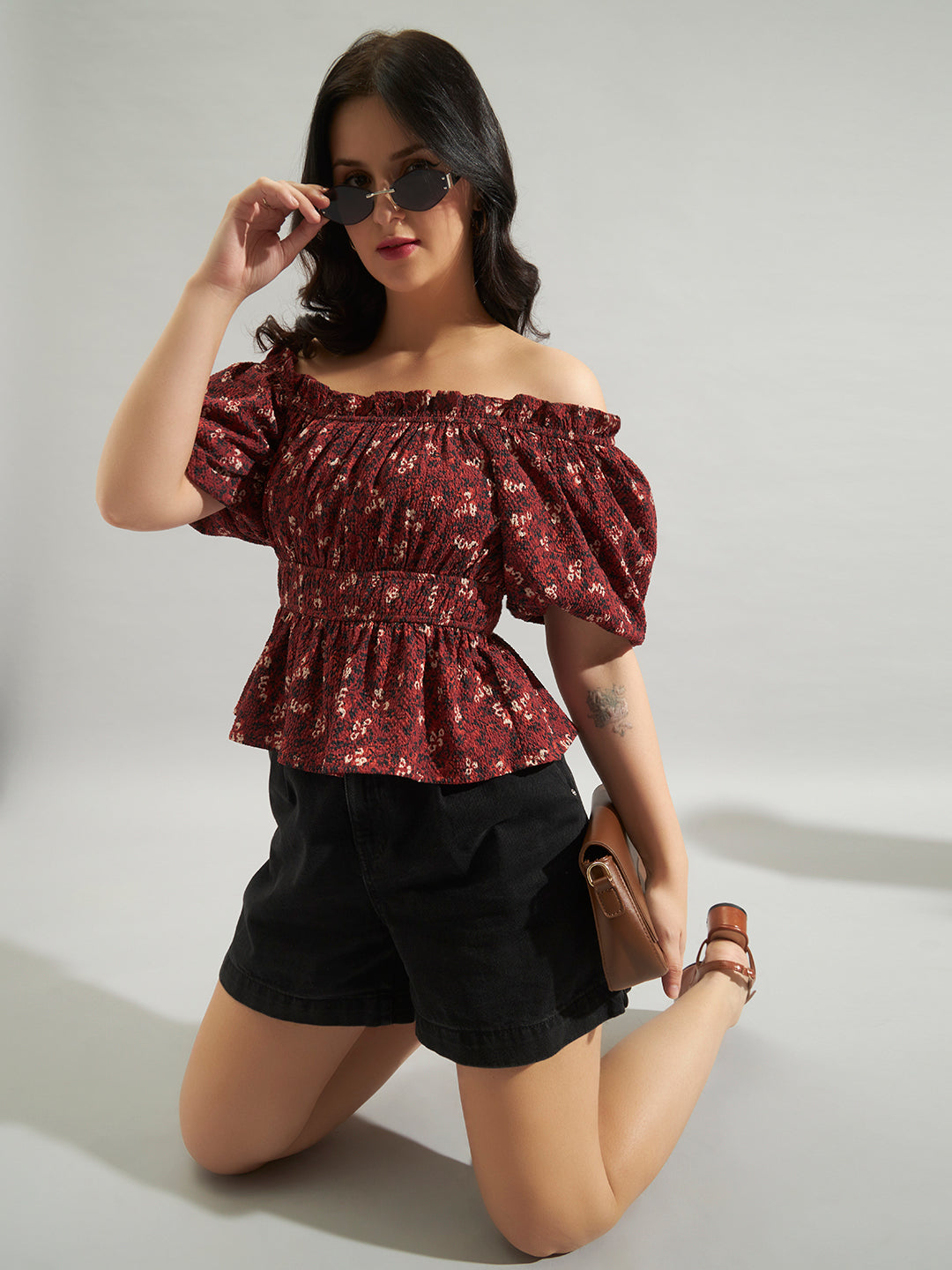 Women Maroon Printed Off-Shoulder Smocked Peplum Top
