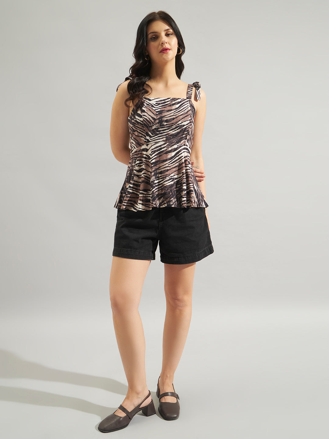 Women Brown Animal Print Shoulder Tie Peplum Top