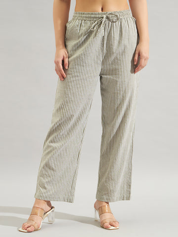 Women Olive Green & White Striped Straight Fit Pants with Drawstring Waist
