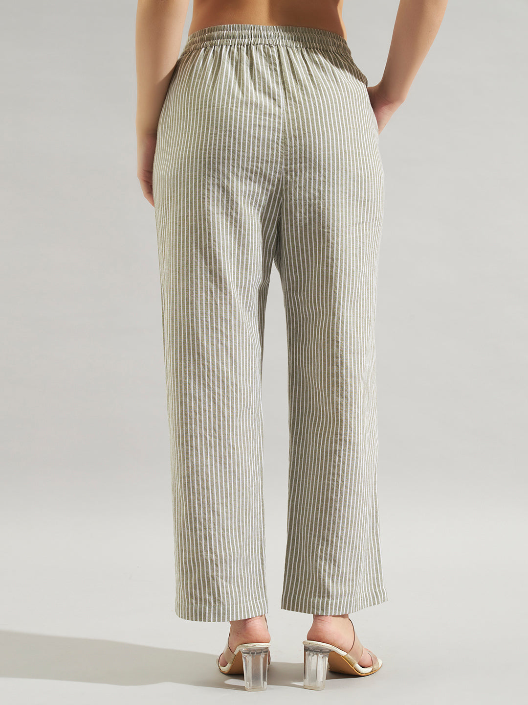 Women Olive Green & White Striped Straight Fit Pants with Drawstring Waist