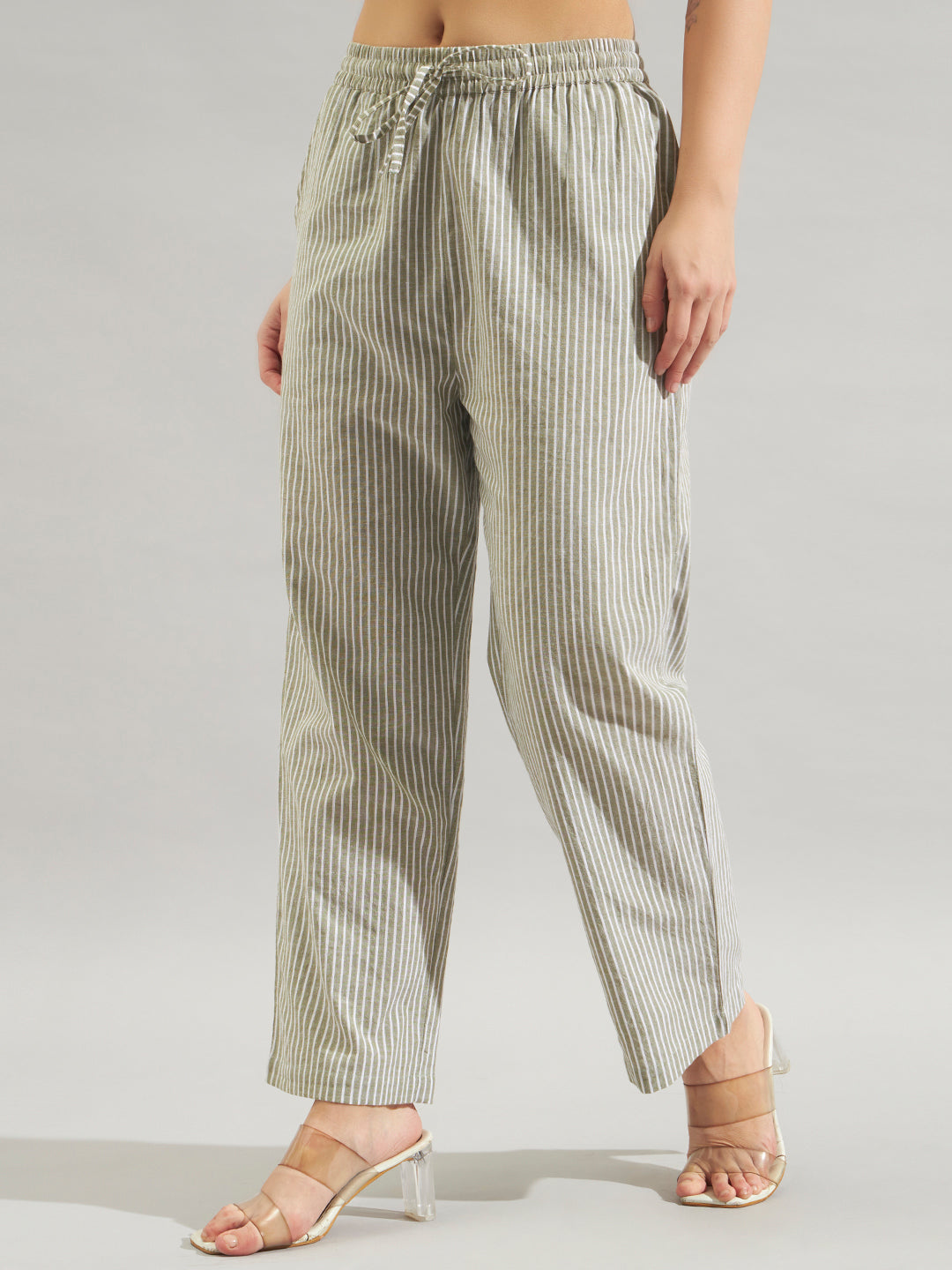 Women Olive Green & White Striped Straight Fit Pants with Drawstring Waist