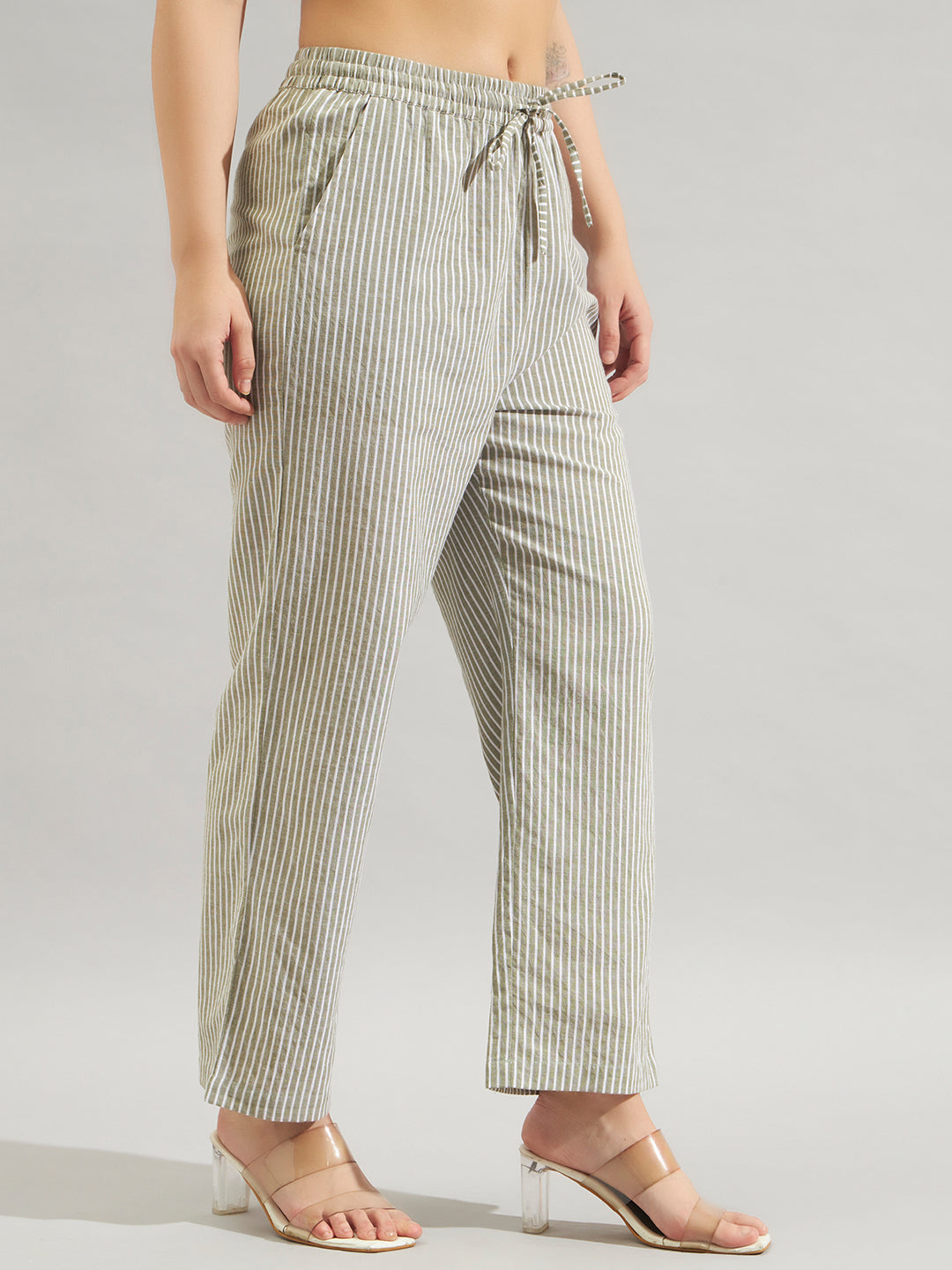 Women Olive Green & White Striped Straight Fit Pants with Drawstring Waist