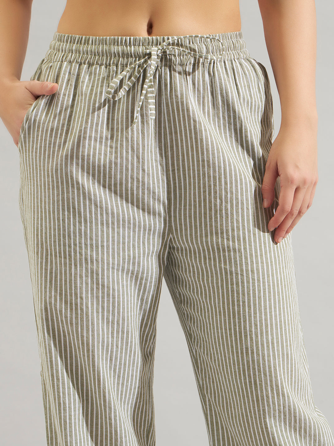 Women Olive Green & White Striped Straight Fit Pants with Drawstring Waist