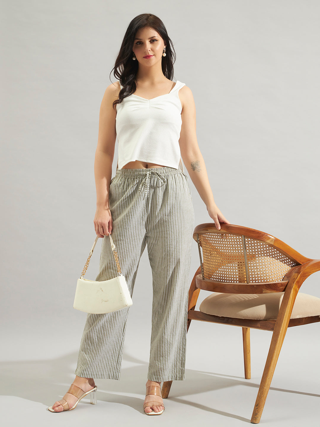 Women Olive Green & White Striped Straight Fit Pants with Drawstring Waist