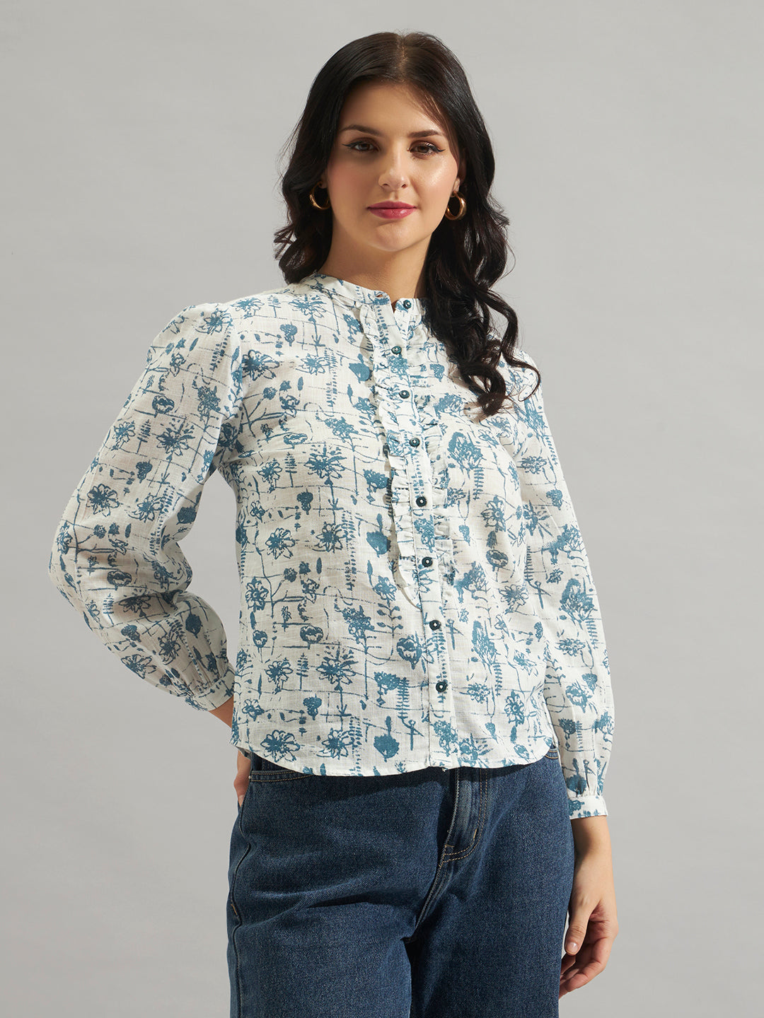Women White & Blue Floral Printed Mandarin Collar Shirt Top