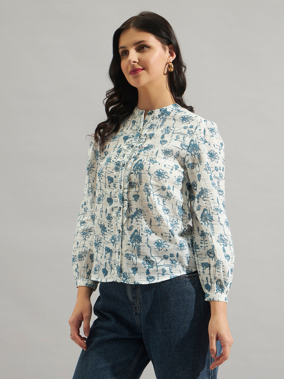 Women White & Blue Floral Printed Mandarin Collar Shirt Top