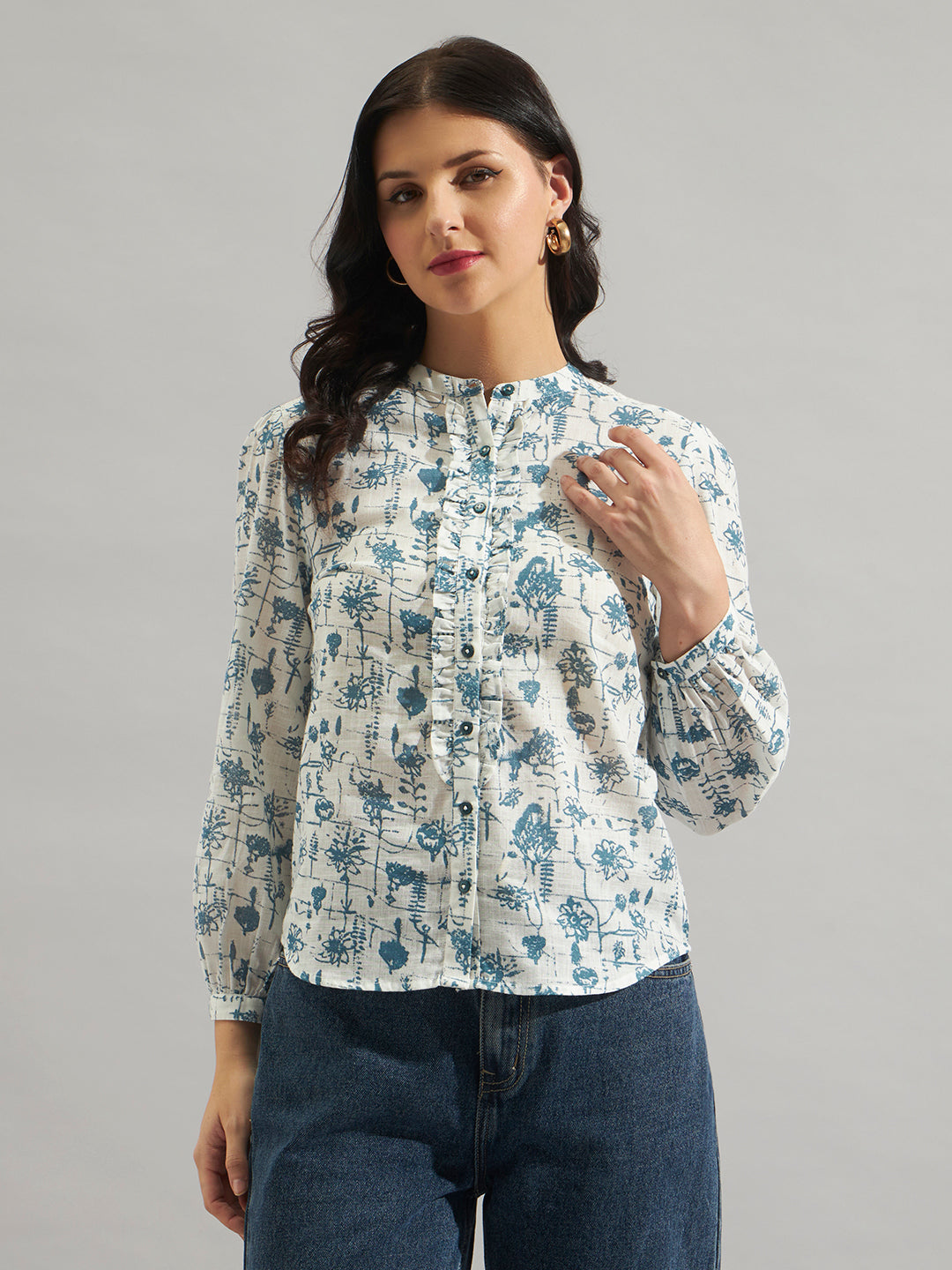 Women White & Blue Floral Printed Mandarin Collar Shirt Top