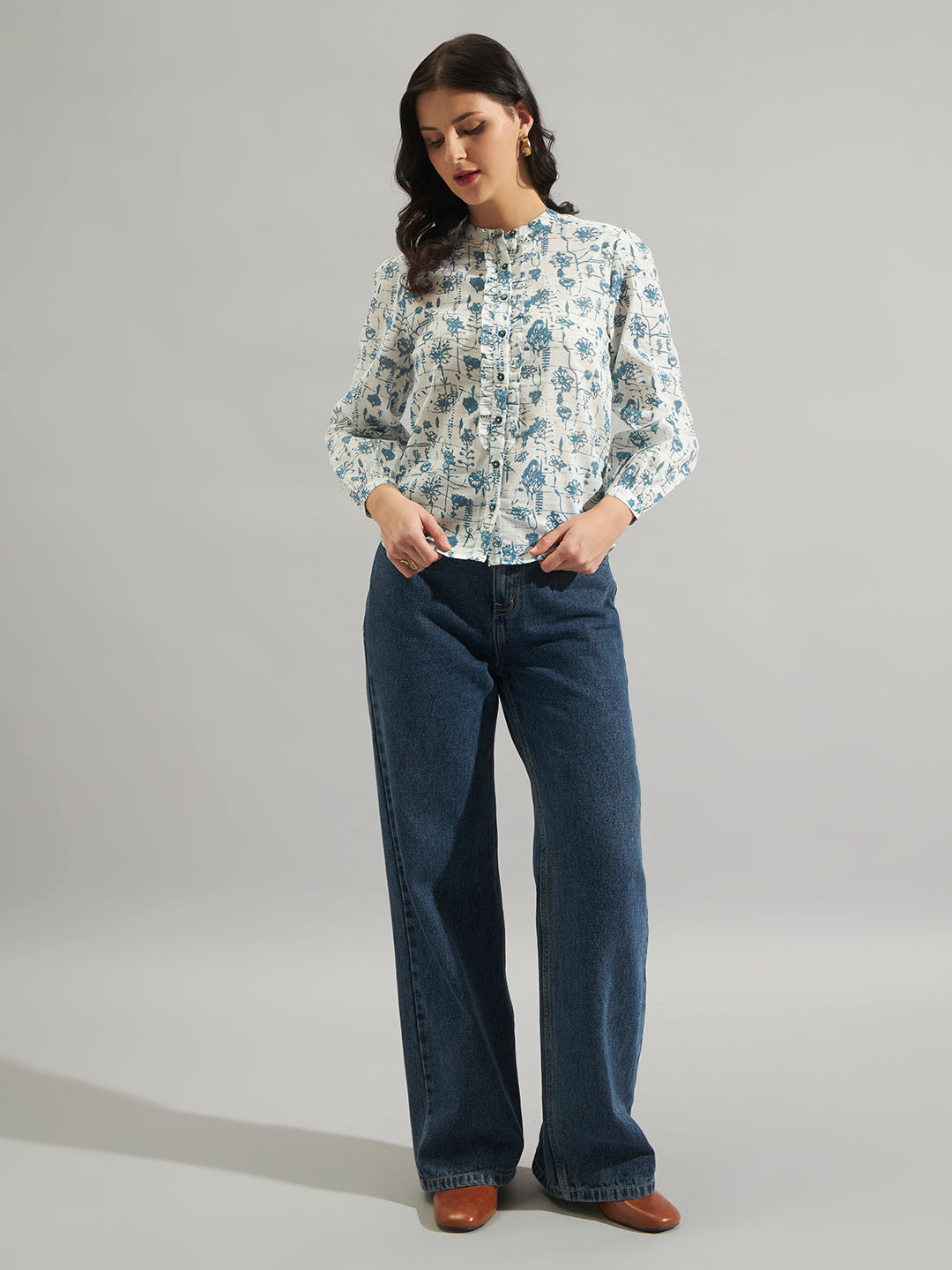 Women White & Blue Floral Printed Mandarin Collar Shirt Top