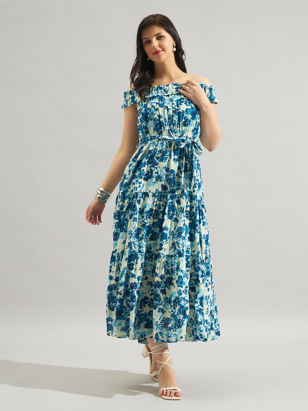 Women Blue Floral Printed Off-Shoulder Maxi Dress