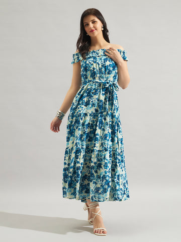 Women Blue Floral Printed Off-Shoulder Maxi Dress