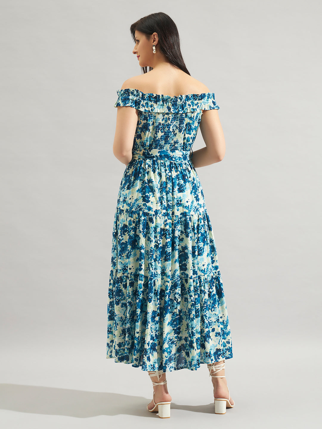 Women Blue Floral Printed Off-Shoulder Maxi Dress