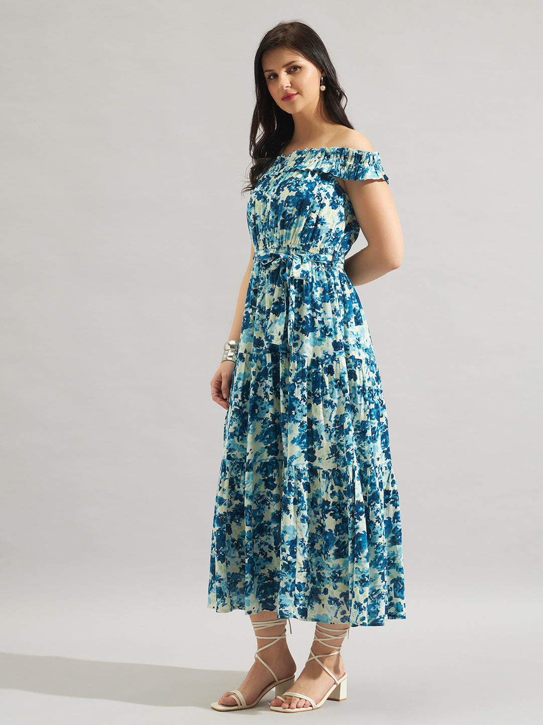 Women Blue Floral Printed Off-Shoulder Maxi Dress