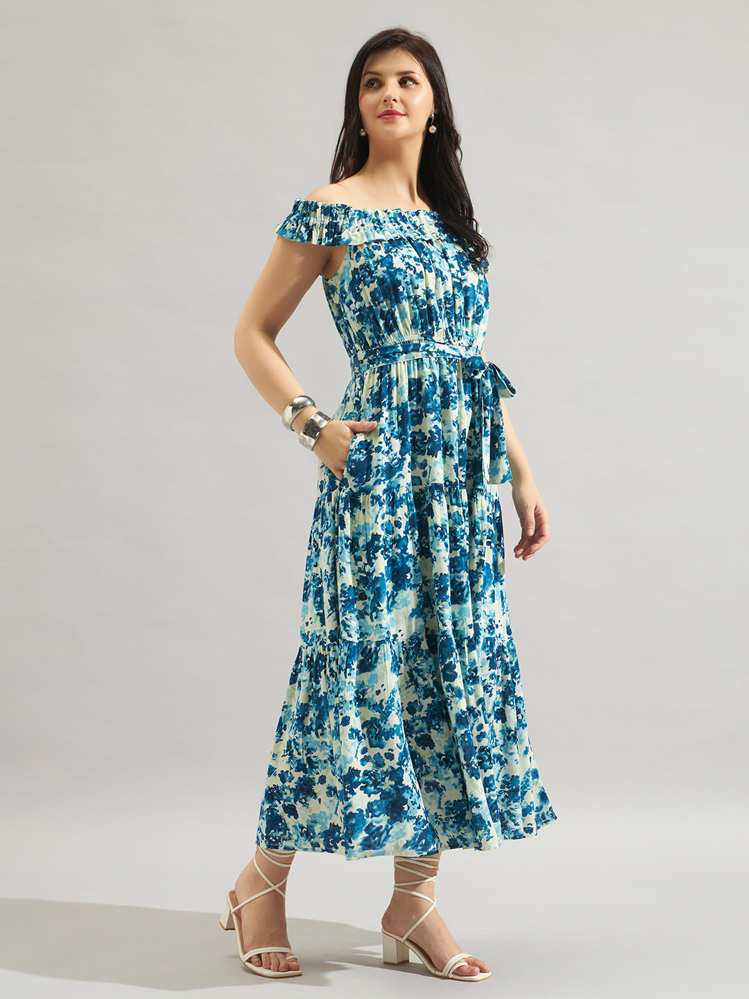 Women Blue Floral Printed Off-Shoulder Maxi Dress