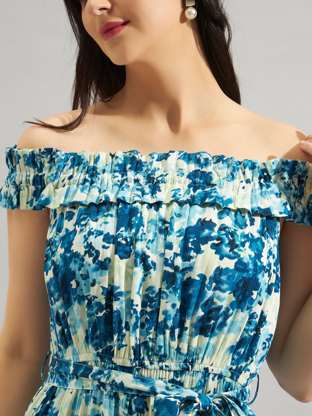 Women Blue Floral Printed Off-Shoulder Maxi Dress