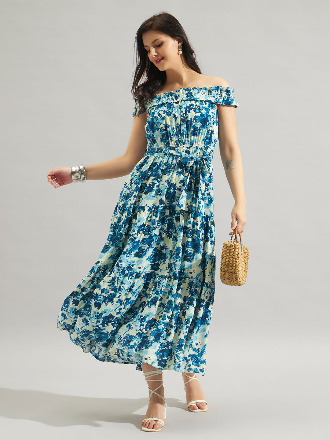 Women Blue Floral Printed Off-Shoulder Maxi Dress